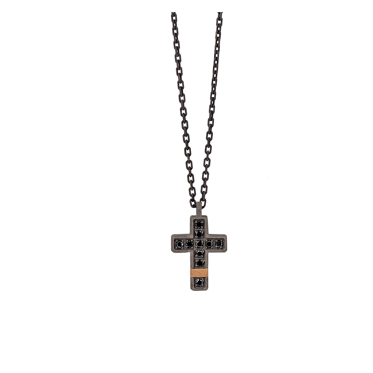 Collana con Croce Piccola in Titanio Oro Rosso 18kt Oro Rosso 9kt Diamanti Black e catena Piertullio gioielli Collana con Croce Piccola in Titanio Oro Rosso 18kt Oro Rosso 9kt Diamanti Black e Catena Piertullio Gioielli